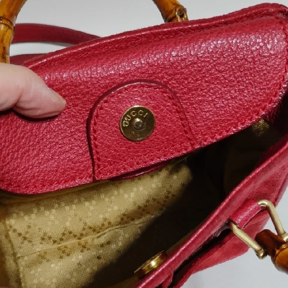 SALE! Gucci Red Suede Mini Satchel Handbag/Shoulder Bag W Bamboo Handles & Strap - Picture 15 of 16